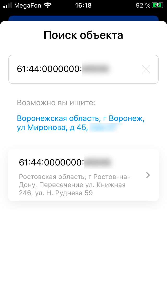 поиск в приложении Rosreestr на ios